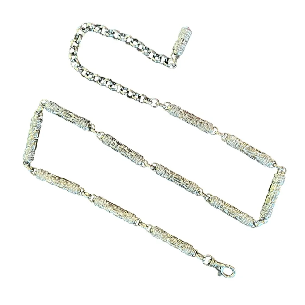 Textured Barrel Link Chain Belt Silver Tone Adjustable 30-40